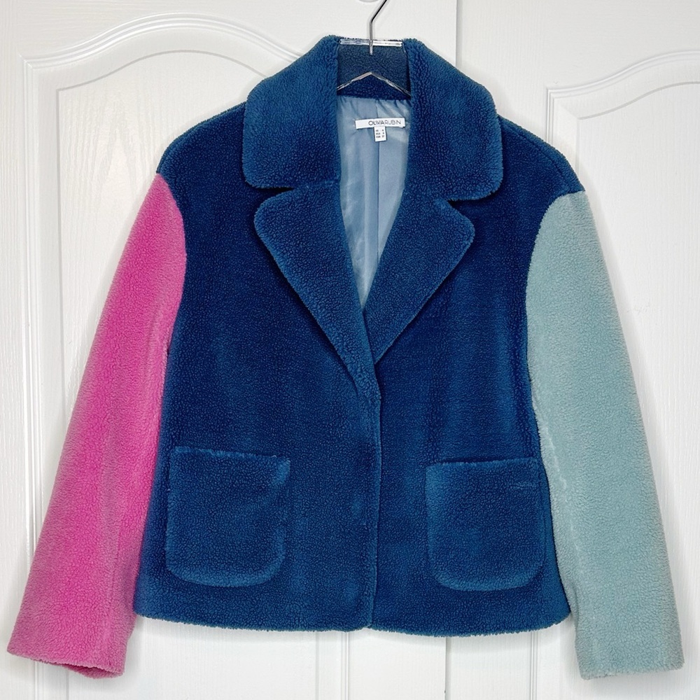 Olivia Rubin Cass Coat Blue Pink Colorblock Faux Shearling Jacket Size 0 - Picture 3 of 9